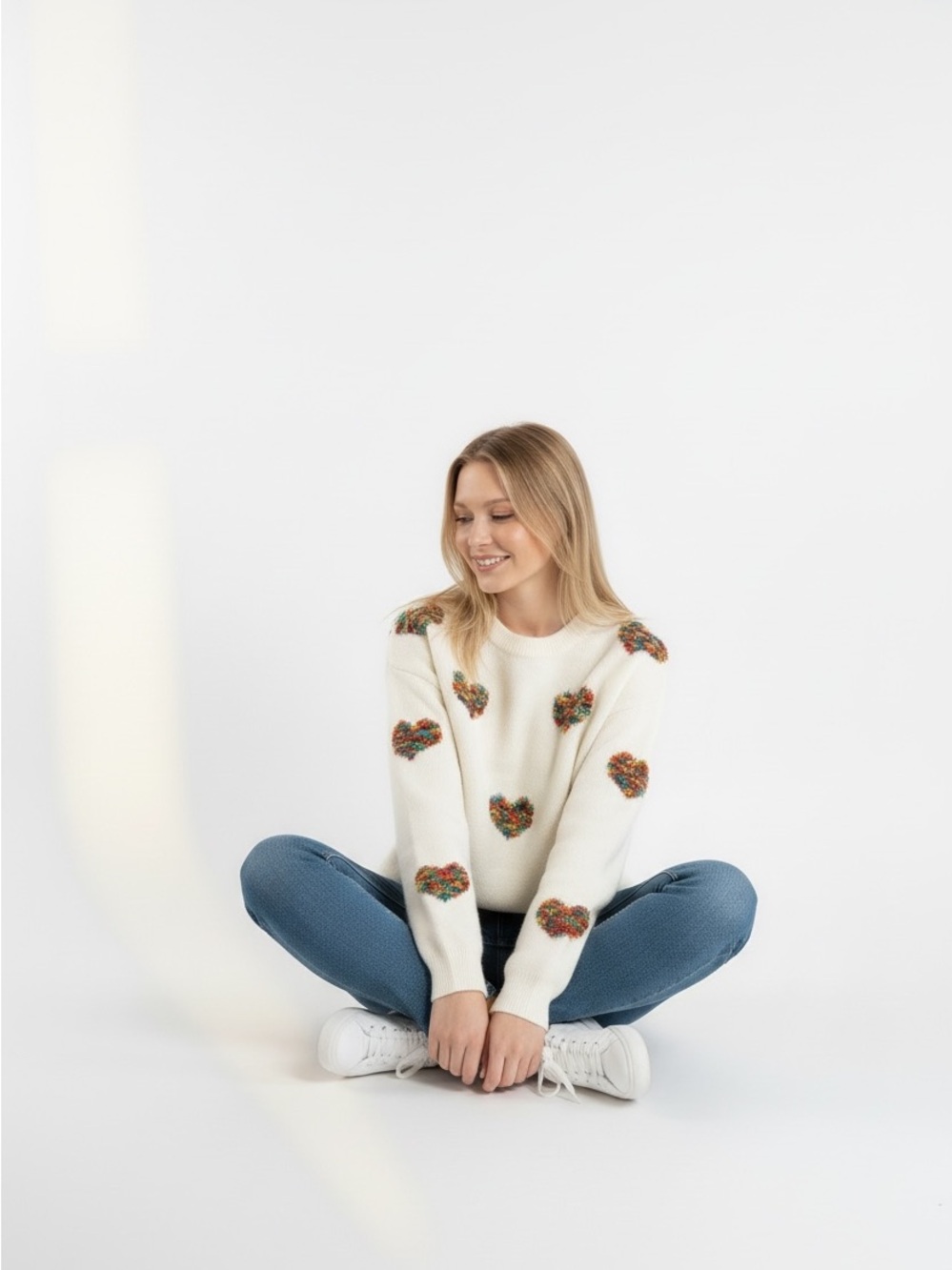 NWOT Rainbow Confetti Textured Heart Oversized Sweater - Cream, Multi - Size M